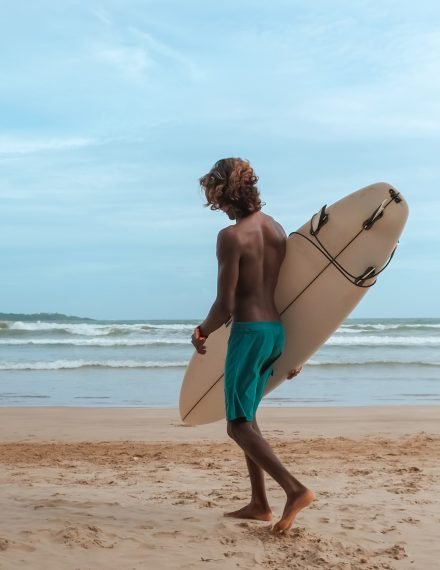 young guys Sri Lankans, Indians surfers on the ocean coast with a surfboard, sporty tanned body, smi